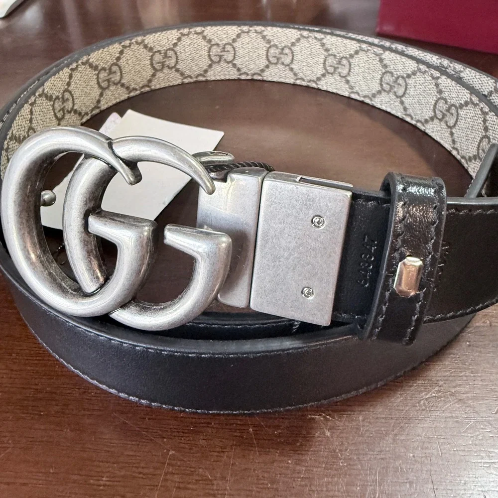 Gucci 643847 Reversible Brown Leather & Tan GG Buckle Belt, 115 cm